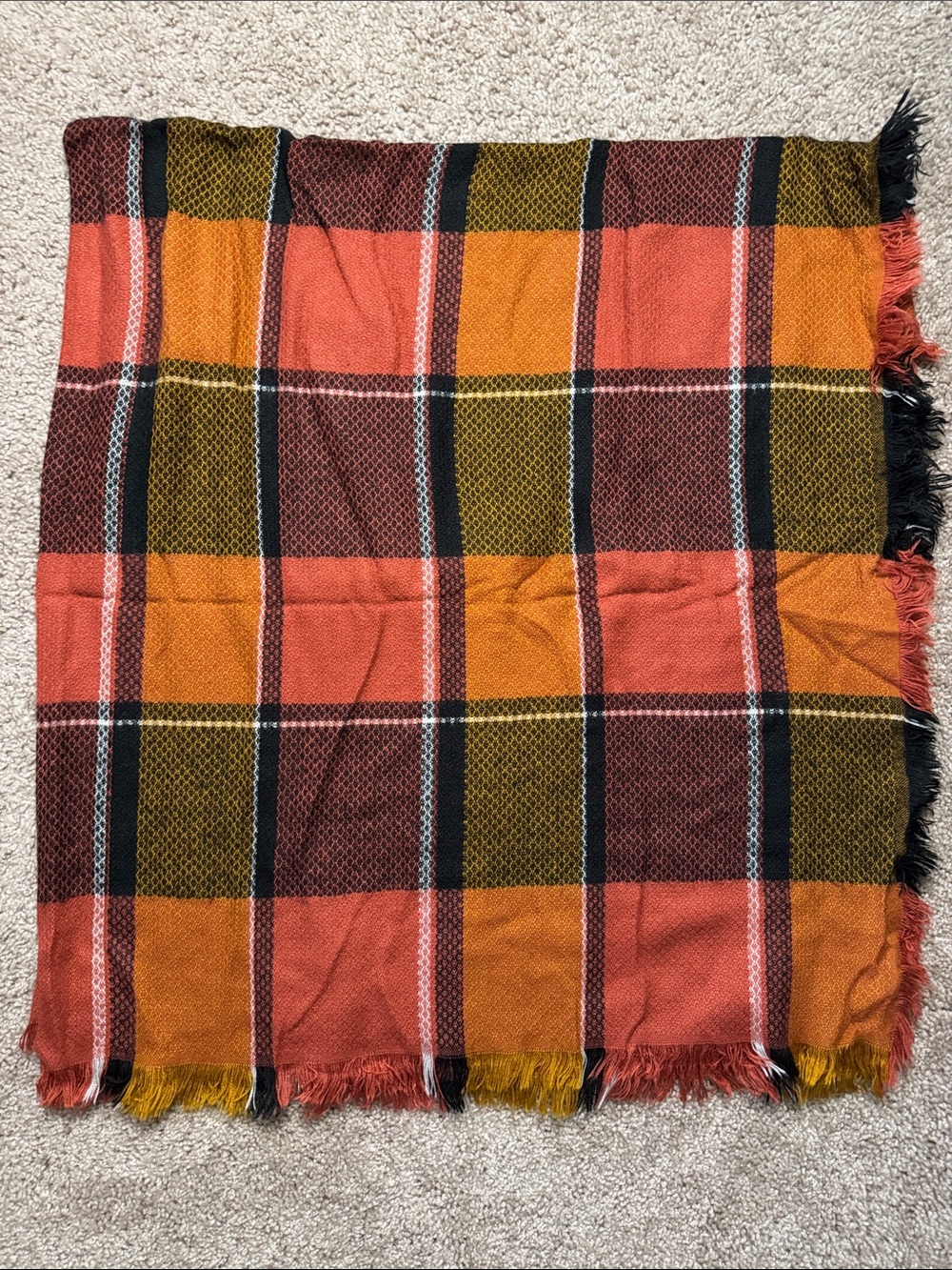 Plaid Fringe Blanket Scarf in Rust, Mustard & Black